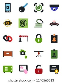 Color and black flat icon set - fence vector, barrier, alarm car, safe, identity card, hose, chain, lock, eye id, key, home control, app, pass, surveillance, sprinkler, fingerprint, certificate