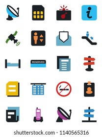 Color and black flat icon set - satellite antenna vector, elevator, escalator, no smoking, bomb in case, flight table, document, signpost, office phone, mail, sim, news, bedroom, reserved, pass card