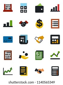 Color and black flat icon set - credit card vector, handshake, dollar sign, calculator, abacus, receipt, news, bar graph, point, contract, wallet, growth, investment