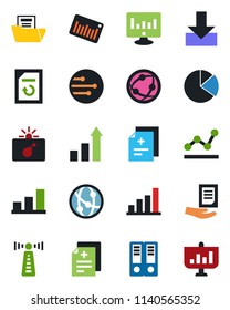 Color and black flat icon set - antenna vector, bomb in case, growth statistic, office binder, document, monitor, reload, diagnosis, barcode, network, download, bar graph, pie, folder, point