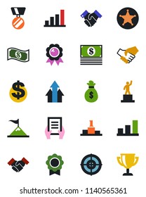 Color and black flat icon set - dollar sign vector, pedestal, medal, document, sertificate, bar graph, target, handshake, police, arrow up, motivation, money bag, cash, award cup