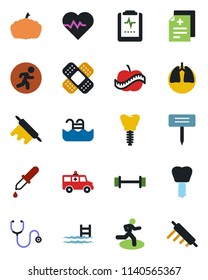 Color and black flat icon set - plant label vector, pumpkin, heart pulse, diagnosis, stethoscope, dropper, patch, ambulance car, barbell, run, lungs, implant, clipboard, diet, pool, rolling pin