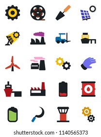 Color and black flat icon set - airport tower vector, fork loader, gear, factory, trowel, glove, sickle, sea port, oil barrel, reel, low battery, sun panel, windmill