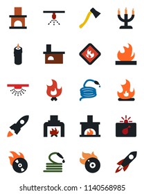 Color and black flat icon set - bomb in case vector, fire, hose, axe, fireplace, flammable, flame disk, candle, sprinkler, rocket