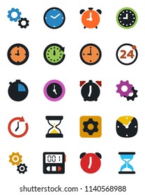 Color and black flat icon set - 24 around vector, alarm clock, settings, stopwatch, gear, sand