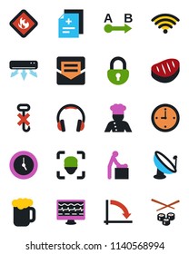 Color and black flat icon set - baby room vector, crisis graph, monitor pulse, diagnosis, no hook, flammable, route, satellite antenna, headphones, clock, mail, lock, face id, air conditioner, cook