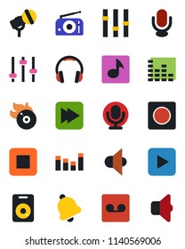 Color and black flat icon set - flame disk vector, microphone, radio, speaker, settings, equalizer, headphones, play button, stop, fast forward, tuning, bell, record, music, sound
