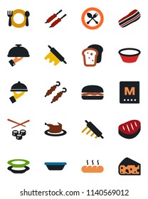 Color and black flat icon set - spoon and fork vector, cafe, menu, plates, bacon, waiter, bread, chicken, steak, kebab, hamburger, bowl, rolling pin, sushi, cheese