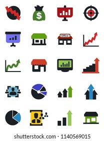 Color and black flat icon set - growth statistic vector, money bag, crisis graph, store, monitor statistics, pie, hr, target, arrow up, presentation, storefront