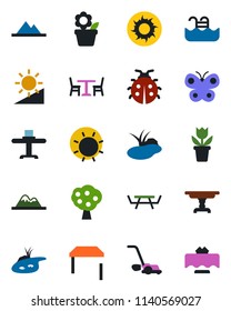 Color and black flat icon set - cafe vector, flower in pot, lawn mower, butterfly, lady bug, sun, pond, picnic table, brightness, pool, fruit tree, mountains, restaurant