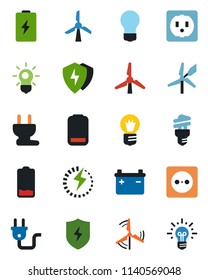 Color and black flat icon set - bulb vector, low battery, protect, charge, windmill, socket, power plug, energy saving, idea
