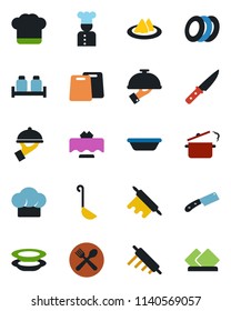 Color and black flat icon set - cook vector, restaurant table, serviette, cafe, hat, plates, waiter, salt and pepper, ladle, bowl, rolling pin, cutting board, knife, steaming pan