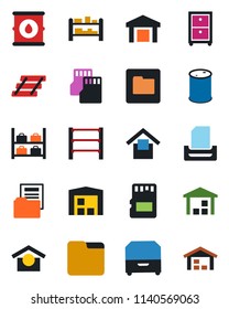 Color and black flat icon set - luggage storage vector, warehouse, oil barrel, rack, sd, folder, document, paper tray, archive box