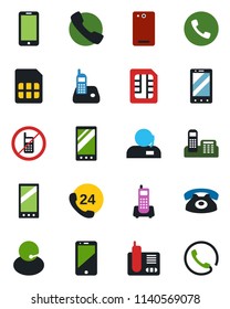 Color and black flat icon set - phone vector, no mobile, office, 24 hours, support, cell, radio, back, call, sim