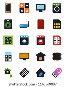 Color and black flat icon set - washer vector, calculator, monitor, speaker, phone back, sim, smart home, control, chip, remote, router, usb flash