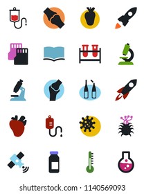 Color and black flat icon set - book vector, blood test vial, dropper, microscope, ampoule, real heart, joint, virus, satellite, sd, thermometer, rocket, flask