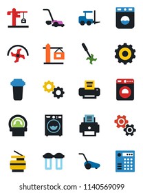 Color and black flat icon set - washer vector, fork loader, gear, ripper, lawn mower, tomography, printer, copier, crane, water filter, combination lock