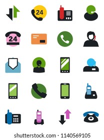 Color and black flat icon set - phone vector, mobile, office, 24 hours, support, radio, mail, call, data exchange