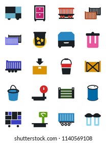 Color and black flat icon set - trash bin vector, bucket, railroad, truck trailer, cargo container, consolidated, package, oil barrel, heavy scales, archive box, water filter