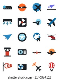 Color and black flat icon set - plane vector, airport tower, radar, departure, wind, helicopter, globe, air conditioner, fan, paper, balloon