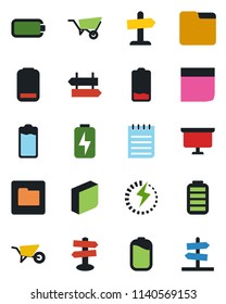 Color and black flat icon set - signpost vector, notepad, presentation board, wheelbarrow, battery, low, folder, charge, blank box, guidepost