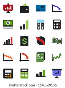 Color and black flat icon set - credit card vector, growth statistic, calculator, crisis graph, receipt, bar, wallet, cash, presentation