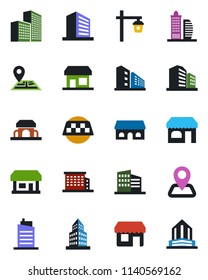 Color and black flat icon set - taxi vector, shop, office building, garden light, navigation, store, city house, cafe, storefront
