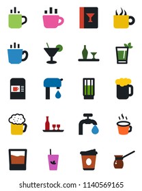 Color and black flat icon set - hot cup vector, coffee machine, water supply, alcohol, wine card, drink, cocktail, phyto bar, beer, turkish