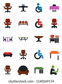 Color and black flat icon set - cafe vector, waiting area, disabled, office chair, desk, picnic table, cushioned furniture, restaurant, man with notebook