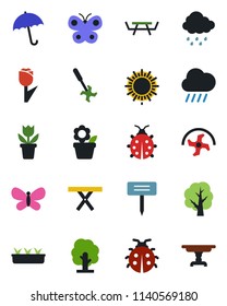 Color and black flat icon set - umbrella vector, sun, flower in pot, ripper, tree, butterfly, lady bug, seedling, rain, plant label, picnic table, tulip