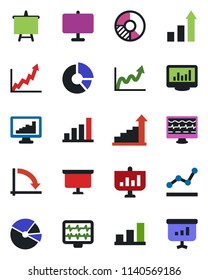 Color and black flat icon set - growth statistic vector, presentation board, crisis graph, circle chart, monitor pulse, statistics, bar, pie, point