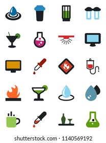 Color and black flat icon set - hot cup vector, water drop, dropper, flammable, monitor, alcohol, drink, cocktail, filter, sprinkler, flask