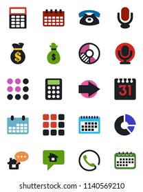 Color and black flat icon set - right arrow vector, calendar, circle chart, microphone, menu, calculator, phone, home message, money bag