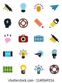 Color and black flat icon set - automatic door vector, brainstorm, bulb, camera, pencil, fence, rolling pin, energy saving, shining head, idea, paper plane, crisis management