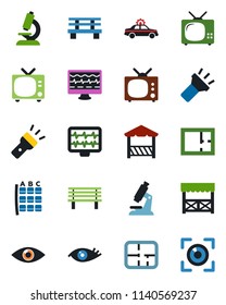 Color and black flat icon set - tv vector, alarm car, seat map, bench, monitor pulse, microscope, eye, torch, plan, alcove, scan