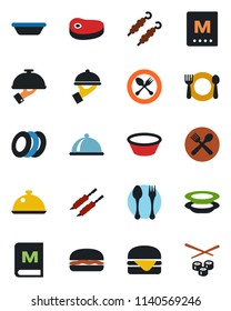 Color and black flat icon set - spoon and fork vector, dish, cafe, menu, plates, waiter, steak, kebab, hamburger, bowl, sushi