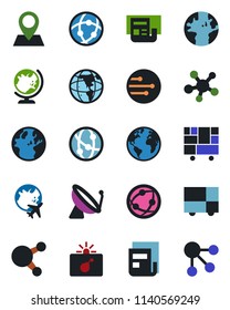 Color and black flat icon set - satellite antenna vector, bomb in case, globe, plane, earth, pin, consolidated cargo, network, share, news, social media