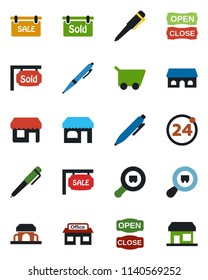 Color and black flat icon set - 24 around vector, shop, pen, store, search cargo, sale, sold signboard, cafe building, open close, cart, storefront