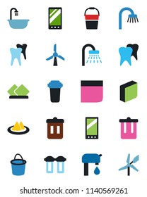 Color and black flat icon set - trash bin vector, shower, bucket, tooth, mobile, blank box, water supply, bathroom, serviette, filter, windmill