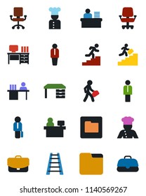 Color and black flat icon set - manager vector, desk, place, ladder, folder, career, cook, office chair, case