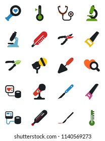Color and black flat icon set - trowel vector, pruner, saw, stethoscope, blood pressure, thermometer, heart diagnostic, microscope, scalpel, microphone
