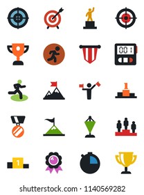 Color and black flat icon set - dispatcher vector, pedestal, pennant, medal, run, stopwatch, target, motivation, award cup