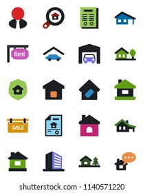 Color and black flat icon set - office building vector, house, contract, with garage, tree, estate document, sale, rent, search, agent, smart home, insurance, message