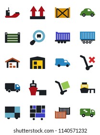 Color and black flat icon set - sea shipping vector, truck trailer, cargo container, car delivery, port, consolidated, up side sign, no trolley, search, warehouse, moving
