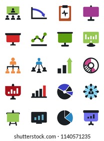 Color and black flat icon set - growth statistic vector, hierarchy, presentation board, monitor, circle chart, pulse clipboard, bar graph, pie, point, crisis