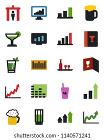 Color and black flat icon set - security gate vector, growth statistic, monitor, barcode, equalizer, statistics, bar graph, alcohol, wine card, drink, cocktail, phyto, beer, arrow up