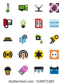 Color and black flat icon set - sim vector, home control, socket, fingerprint, irrigation, wireless, snowflake, air conditioner, intercome, pc, thermometer, radiator, warm floor, bulb, outdoor lamp