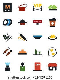 Color and black flat icon set - coffee vector, waiter, cook, alcohol, serviette, menu, reserved, reception, plates, vip zone, dress code, kebab, bowl, rolling pin, steaming pan, sushi, omelette