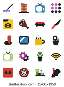 Color and black flat icon set - tv vector, airport building, stamp, flower in pot, rake, plant label, menu, settings, record, photo gallery, cushioned furniture, wireless, city house, coffee, ham