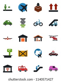 Color and black flat icon set - escalator vector, alarm car, ladder, plane, helicopter, globe, ambulance, bike, traffic light, delivery, container, up side sign, warehouse, package, heavy scales